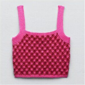 Zara Pink Plaid Crop Sweater Top - Pink - L